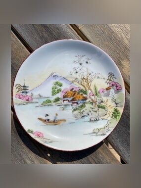 Vintage Hand Painted Japanese Porcelain Saucer Plate 5.5" Mt Fuji & Boat Scene
